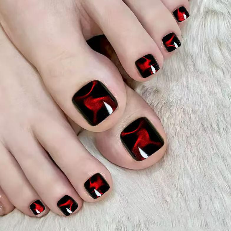 Black and Red Cat Eye Removable Wearable Foot Nail Art - 24 Pieces