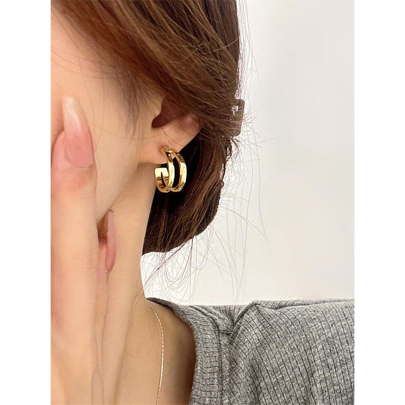Metal Double Layer Hoop Earrings Ear Clip without Pierced Female Minimalist All-Match Temperamental Stud Earrings Special-Interest Earrings Tide