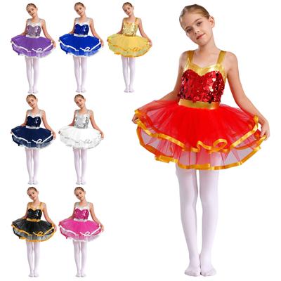 Girls Dance Tutu Dress Sleeveless Color Block Sparkling Sequins Stage Performance Recital Costume