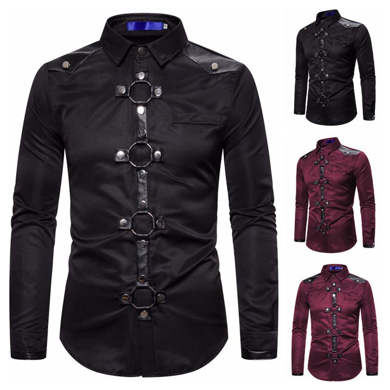 2020 Men s Dark European Casual Rivet Long Sleeve Shirt 2XL вино красного
