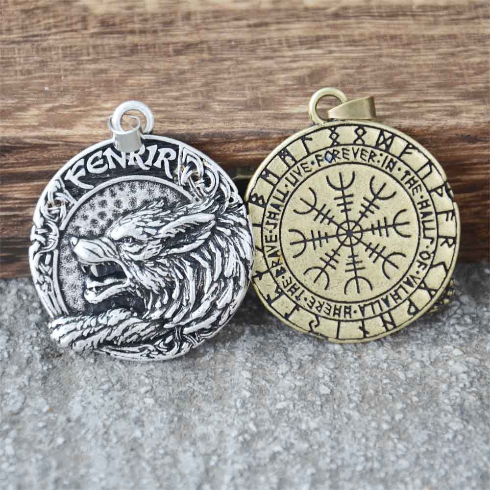 Viking Fenrir Wolf Norse Mythology Vegvisir Runes Protection Amulet Male Pendant Necklace Gothic Accessories