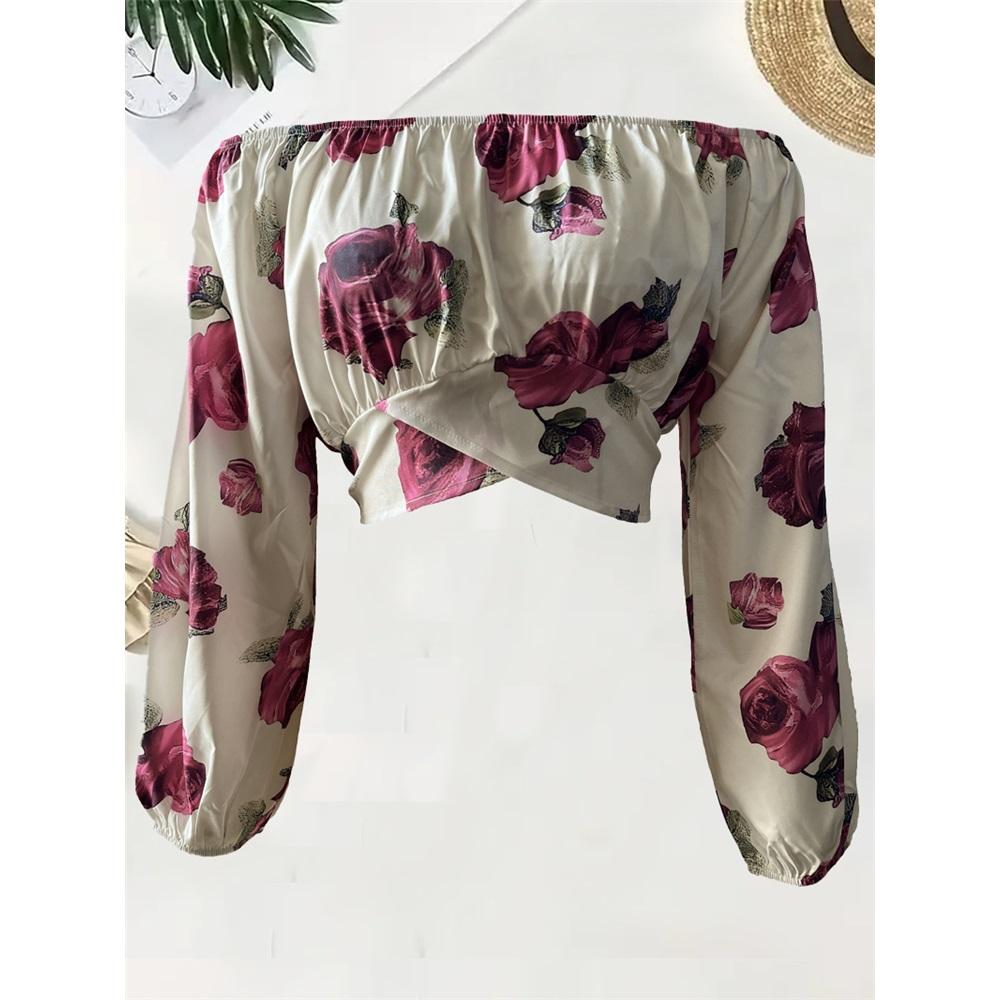 Women's long sleeves off-shoulder one-length neck lantern sleeve printed shirt