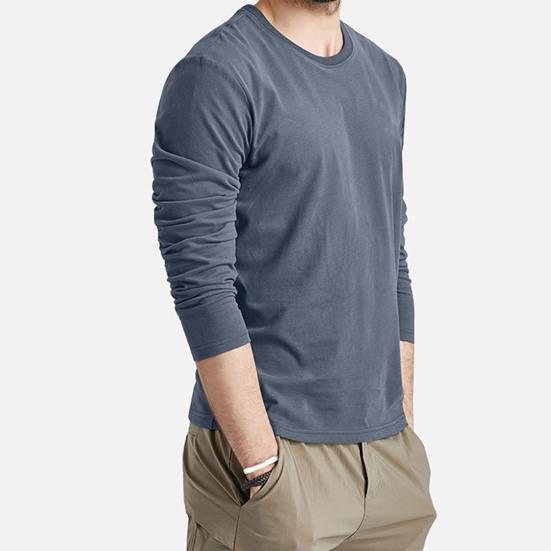 Men Fall Spring Top Round Neck Long Sleeves Pure Color Slim Fit