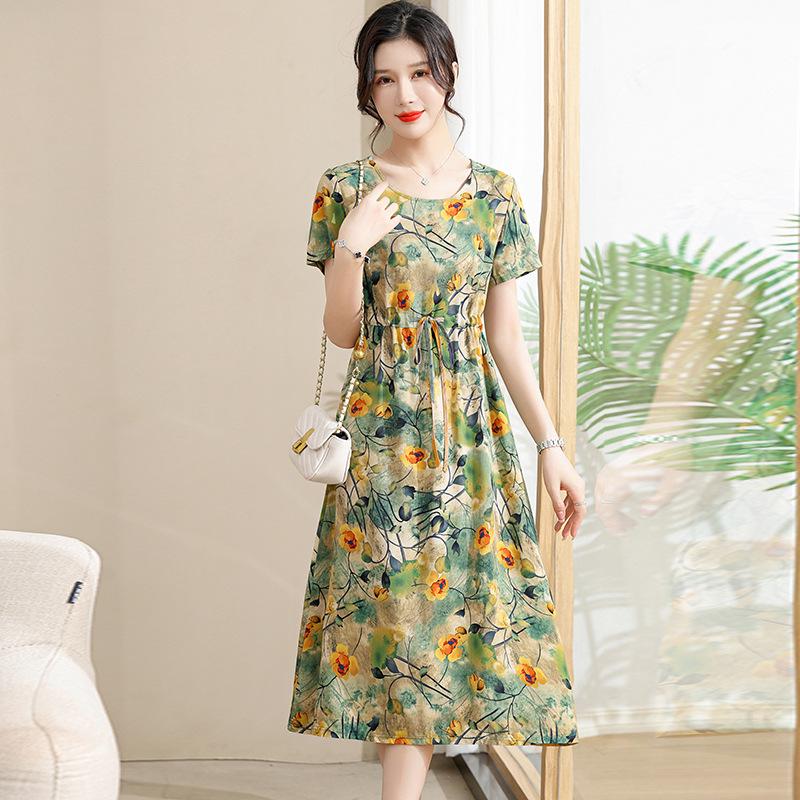 

Летнее хлопковое платье с цветочным принтом для женщин среднего и молодого возраста – Свободное, больших размеров, длиной ниже колена с акцентом на талии. 5XL (160-185 lbs)