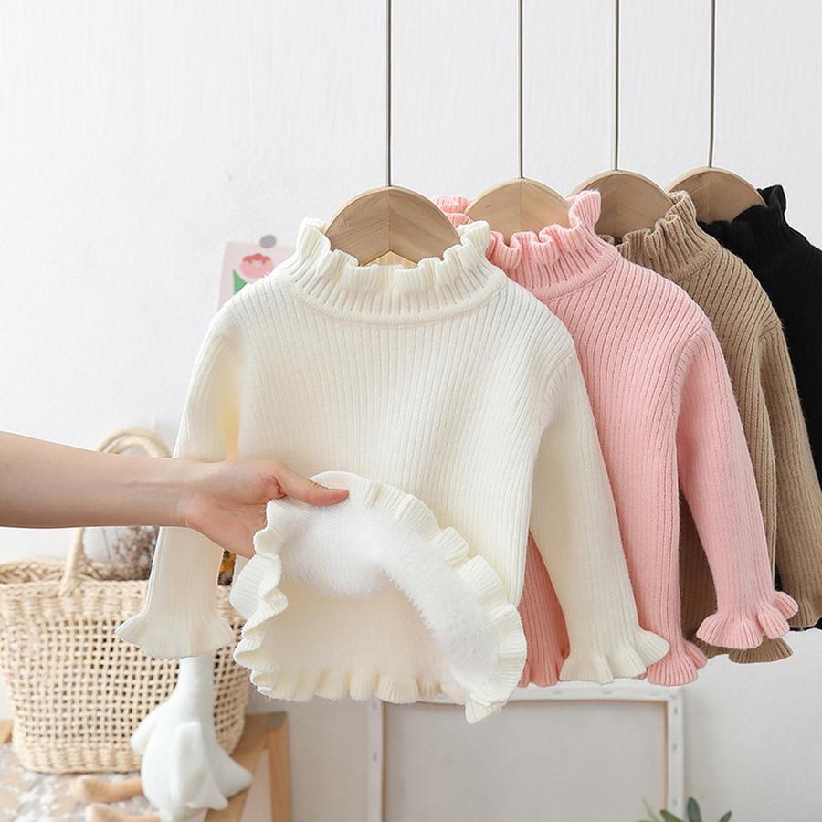 Fleece Knit Sweater for Girls Autumn Winter with Corded Trim, Fleece Lining, Base Layer, High Neck, Knitted Pullover