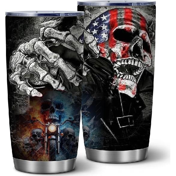 American Flag Skull Motorcycle Tumbler - 20 Oz Halloween Insulated Stainless Steel Vacuum Tumbler,Unique Birthday Gifts for Men,1 Pcs American Flag Skull Tumbl