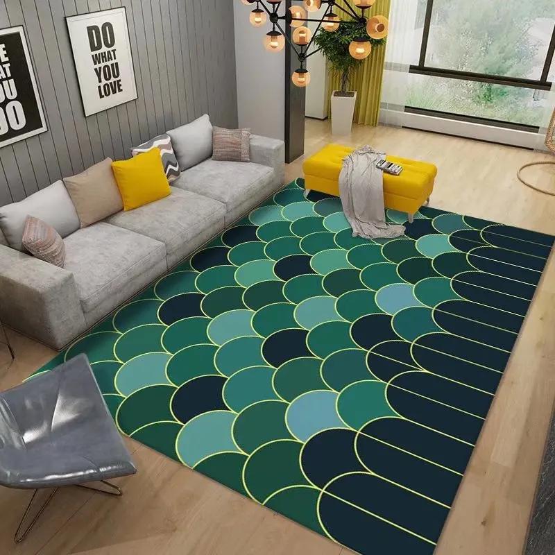 Luxury Geometric Area Rug – Washable Plush Gold & Green Living Room Carpet, Oversized Bedroom Bedside Mat