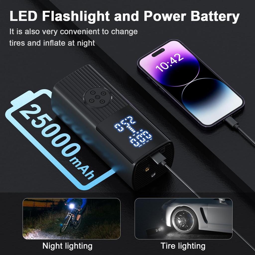25000mAh Car Air Compressor Portable Tire Air Pump 150PSI LCD Digital Display Electric Airpump with Lamp for Balls Motorcycles