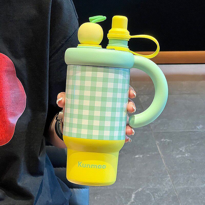 Large-Capacity Thermos Cup for Girls, New Office Water Cup, Giant Student Cup with Handle and Straw, High Aesthetic Value
