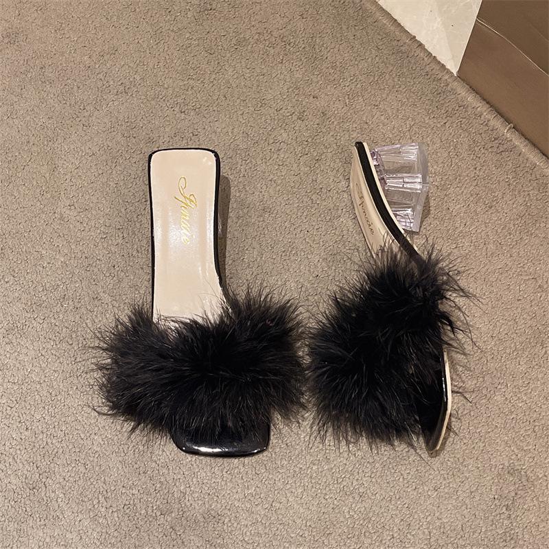 High-heeled Slippers Female Summer Wear 2025 New Fairy Wind Fluffy Slippers Internet Celebrity Thick Heel One-word Sandals Female