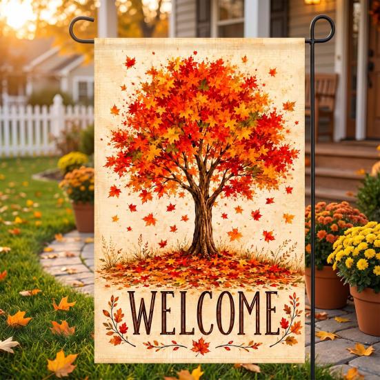 Durable Ornaments for Office Stacked Pumpkin Garden Flag, Burlap Look Fall Outdoor Decor, Festive Party Supplies Home Double Sided Holiday Yard