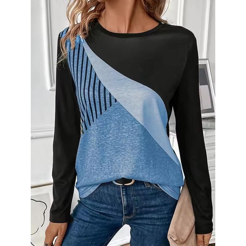 Women's 3D Color Block Stripe Print T-Shirt Fashion Long Sleeve Crew Neck Regular Tops Holiday Weekend Spring Autumn