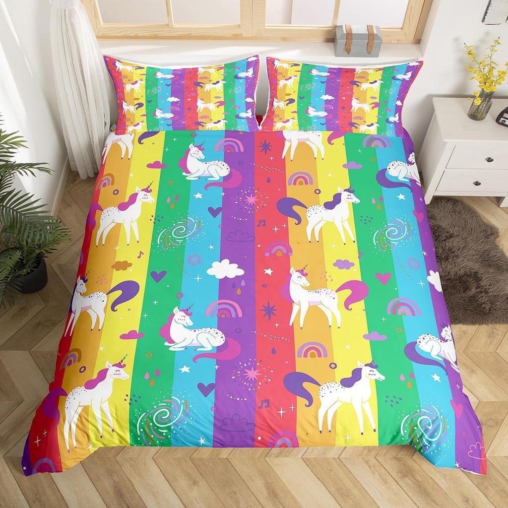 Comforter Kawaii Cartoon Unicorn Girly Fantasy Star Moon Galaxy Bedding Set Twin Queen Size Microfiber Comforter