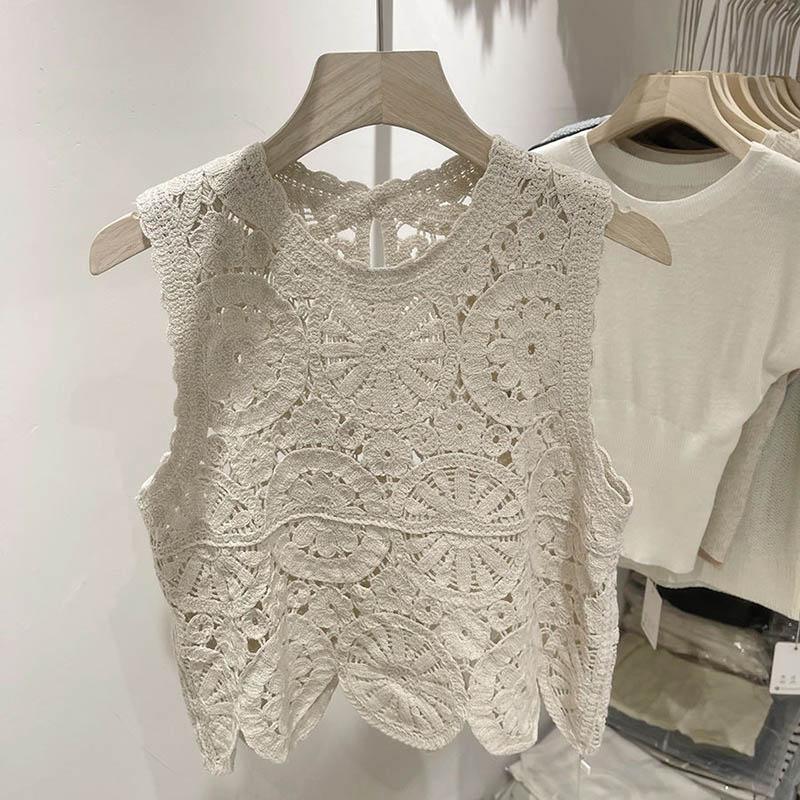 Vest for Women Skeleton Sleeveless Knit Vest Tops Solid Color Casual Lace Camisole Vest