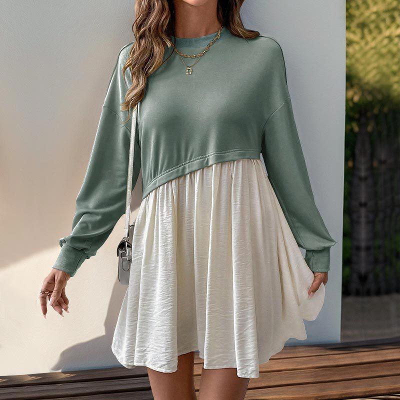 Women Long Sleeve A Line High Waist Pleated Color Block O Neck Long Dress Spring Summer