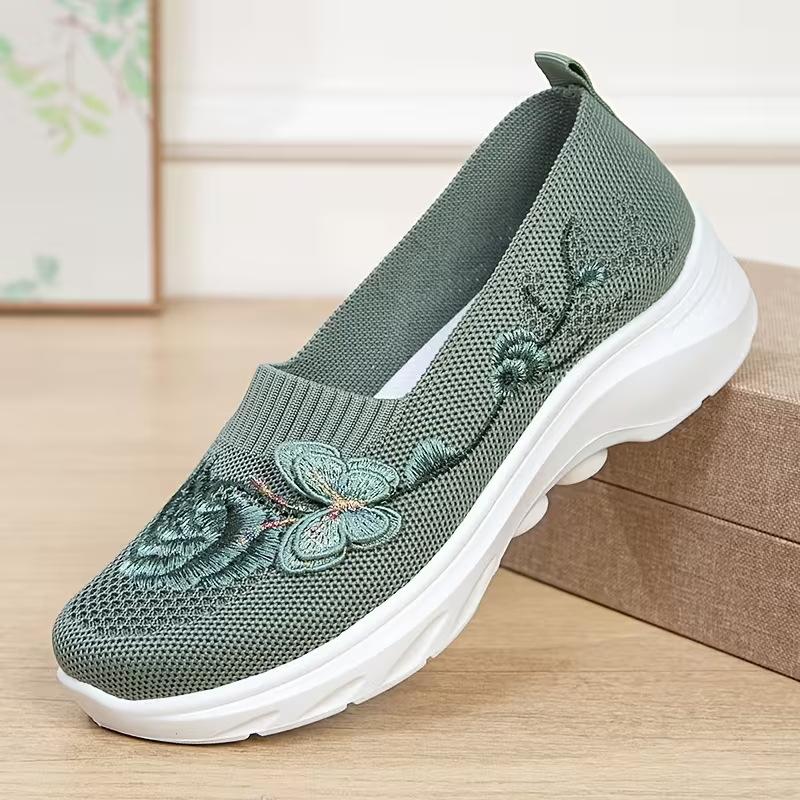 Damskie Buty Płaskie, Rozmiary Plus Size, Haftowane Buty Codzienne, Oddychające Tkane Fly Weave Wsuwane Buty Lazy dla Kobiet