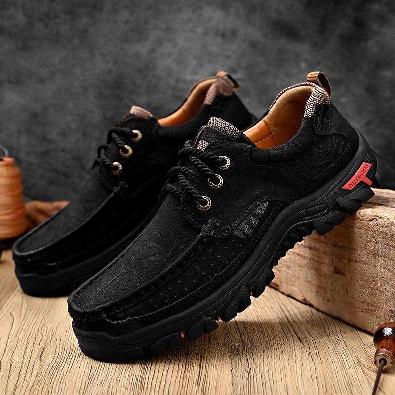 Fashion 2025 New Men Genuine Leather Sneakers Hiking Shoes Casual Leather Lace Up Outdoor Oxfords Antiskid Thick Bottom Walking Shoes