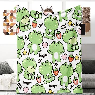 Cute Frog Pattern Blanket, Kawaii Animal Print Throw for Sofa Bed, Soft Fleece Decor Gift for Kids & Teens Multiple Sizes