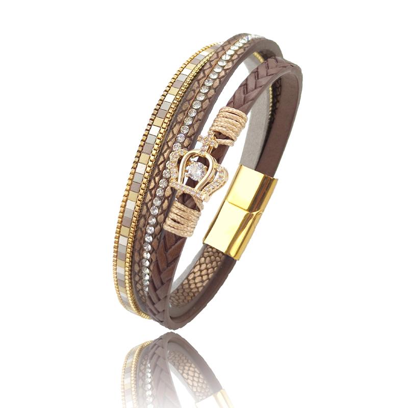 

Glamorous Crown Set Zircon Fashion Women Bracelet Braided Leather Stainless Steel Magnetic Clasp Bracelets Female Jewelry Gift 17.5cm