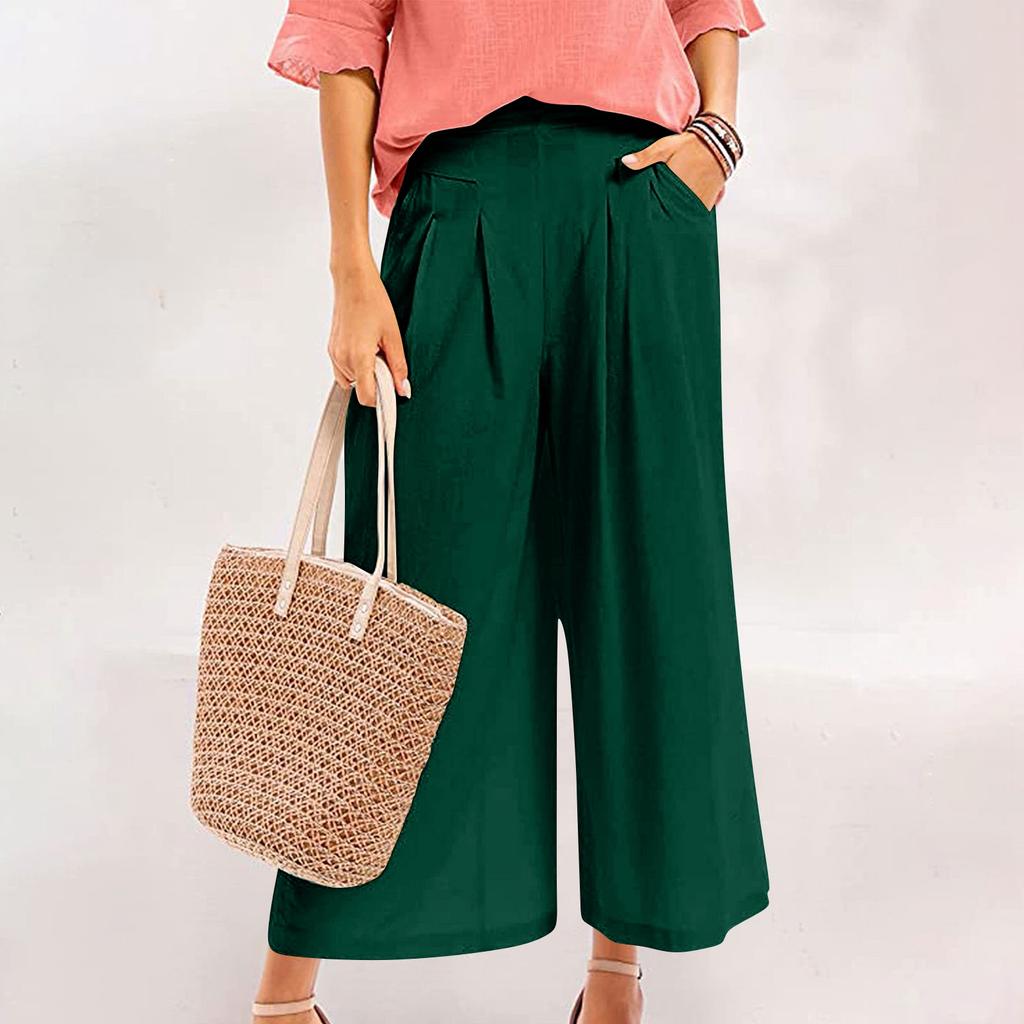 Women's Casual, Stylish, Loose-fitting, High-waisted, Cropped Cotton-linen Wide-leg Culottes