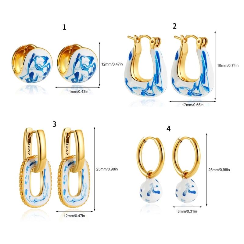 User Friendly Ceramic Ear Clip Blue Floral Pattern Dangle Earring Sturdy Copper Material Office And Casual Accessory