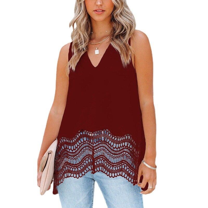 2023 Sommer V-Ausschnitt Chiffon Mode für Frauen Spitze Ärmelloses Shirt Einfarbig Locker Lässig Elegant und Jugendlich Top Blusen 25466