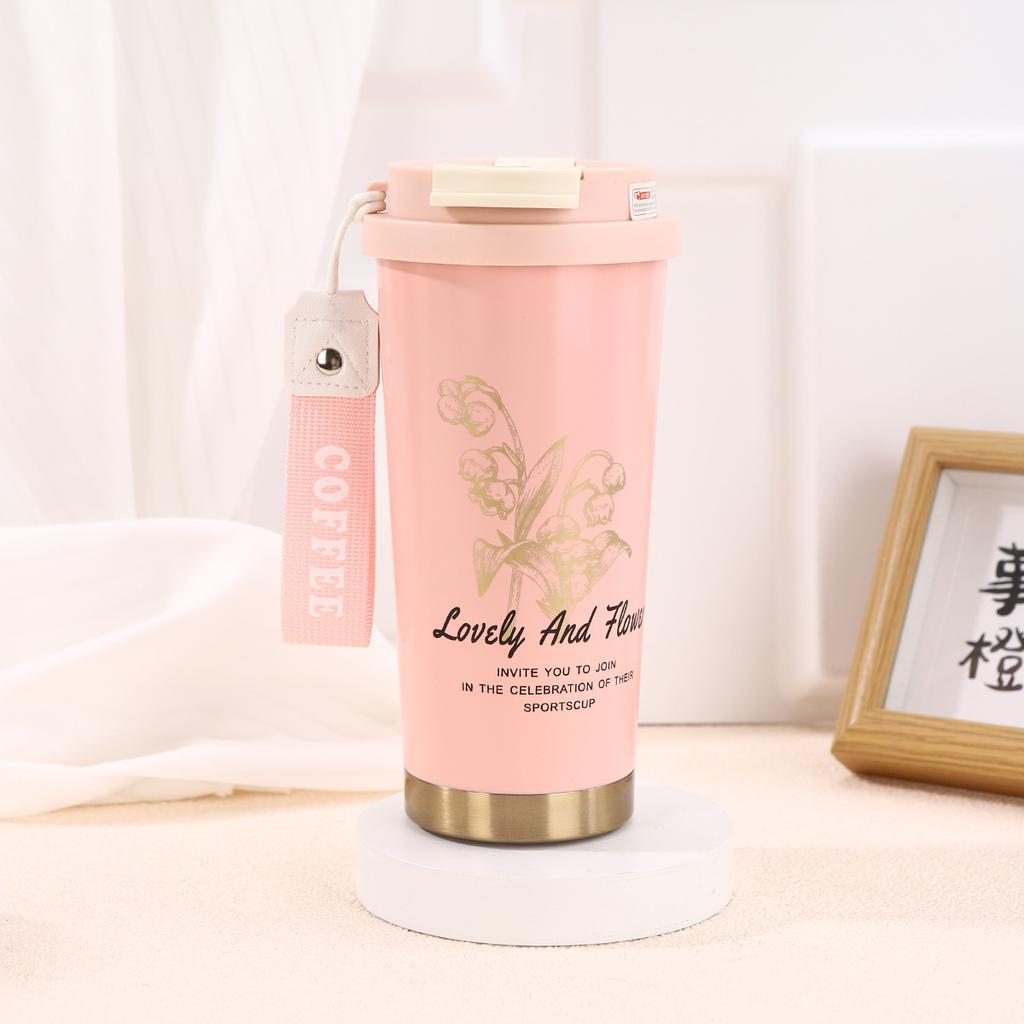 High Value Business Lily of the Valley Coffee Cup Fashionable Stainless Steel Thermos Cup with Lifting Rope Portable Double Drinking Cup