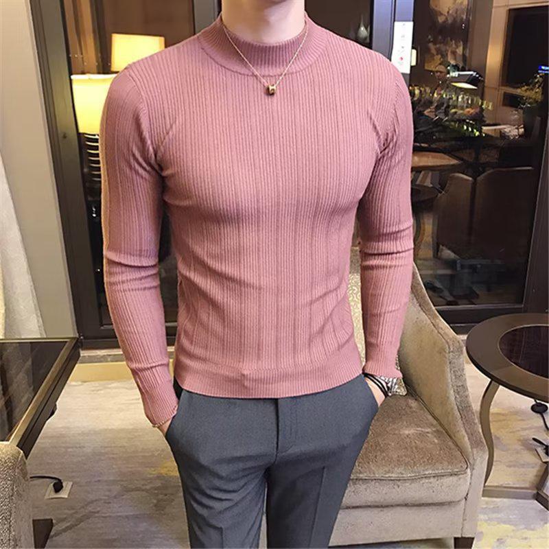 2026 Men's Striped Slim-Fit Knitwear: Autumn/Winter Long-Sleeved Half-High Neck Base Layer