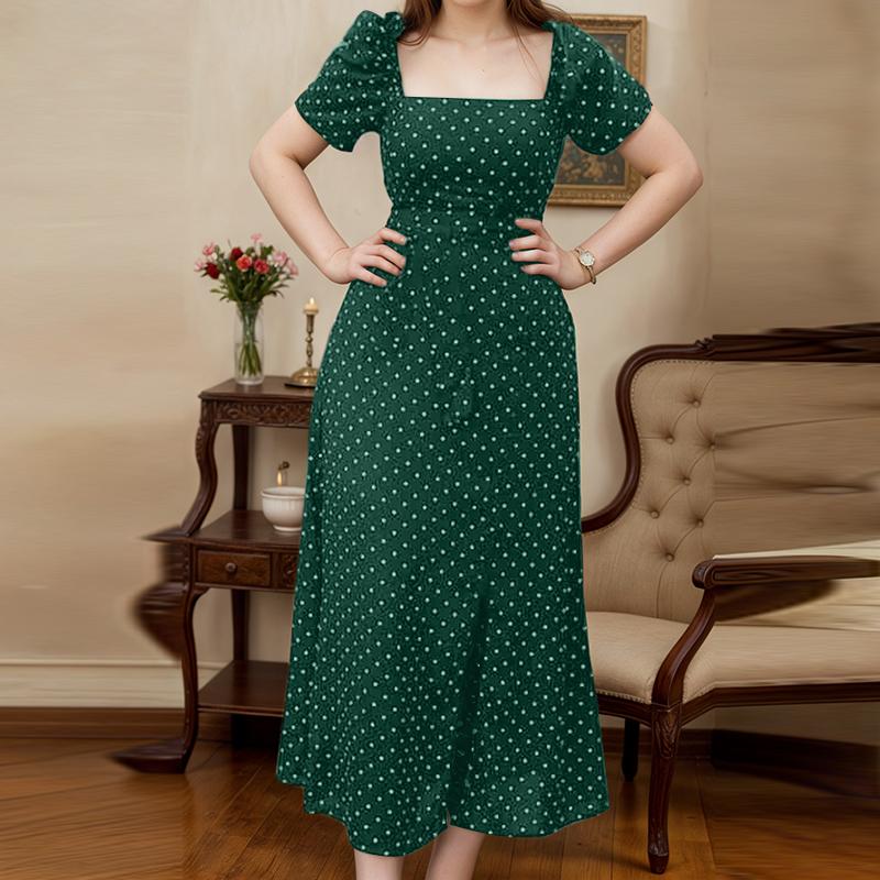 

ZANZEA Женское повседневное платье с квадратным вырезом, короткими рукавами и принтом в горошек L темно-зеленого