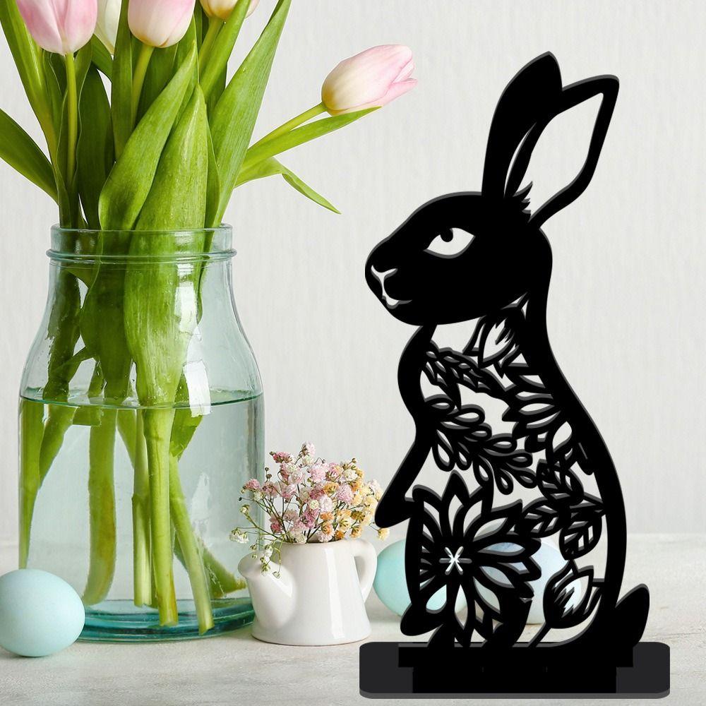 Cartoon Rabbit Easter Decorative Figurines Black Acrylic Hollow Carving Decoration Accessories Easter Egg Desktop Ornament