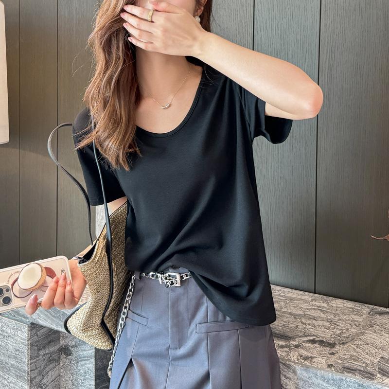 Loose V-neck Shoulder Short-sleeved T-shirt Women's Summer Large Size T-shirt High-end Clothes Cover Belly T-shirt