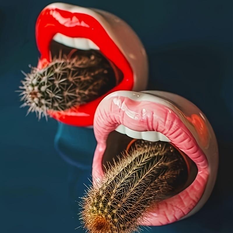 2 rote Lippen Keramik Blumentopf - künstlerischer und kreativer Sukkulenten-/Kaktustopf, mit Aufbewahrungsbox, leicht, geeignet für Innen-/Außendekoration