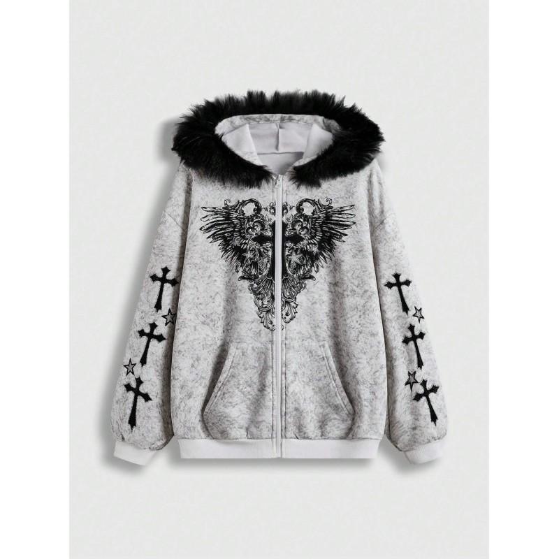 Womens Gothic Style Hooded Zip-Up Sweatshirt With Cross Wing Print Fleece Lined Collar Fall Winter Streetwear