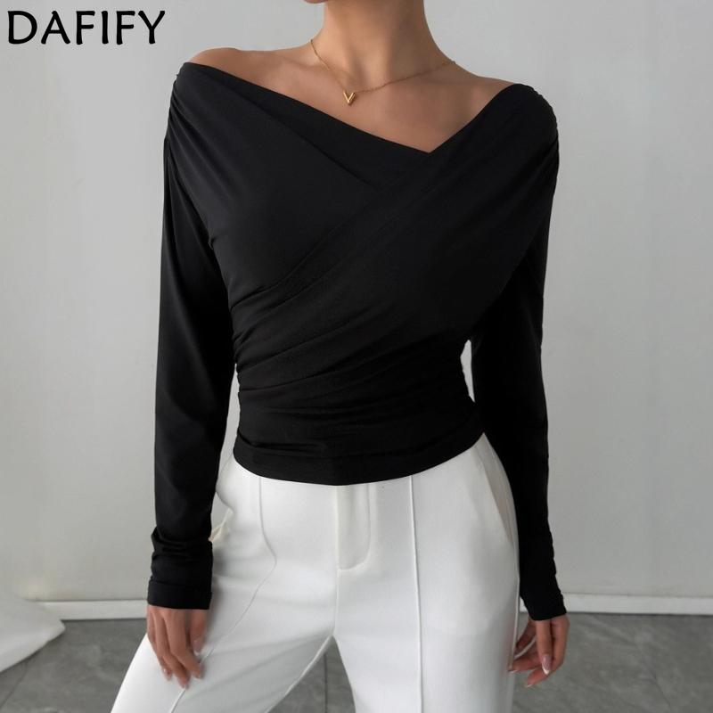 DAFIFY Women's Fashion Casual Spring Autumn Solid Color Print Long Sleeve Oblique Collar Blouses & Shirts