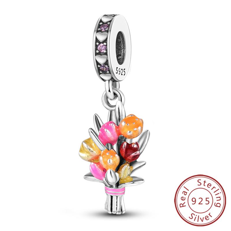 Original Copper Charms Beads Pendant Lotus Tulip Rose Carnation Flower Series Bead Fit Bracelets Women Jewelry Gift