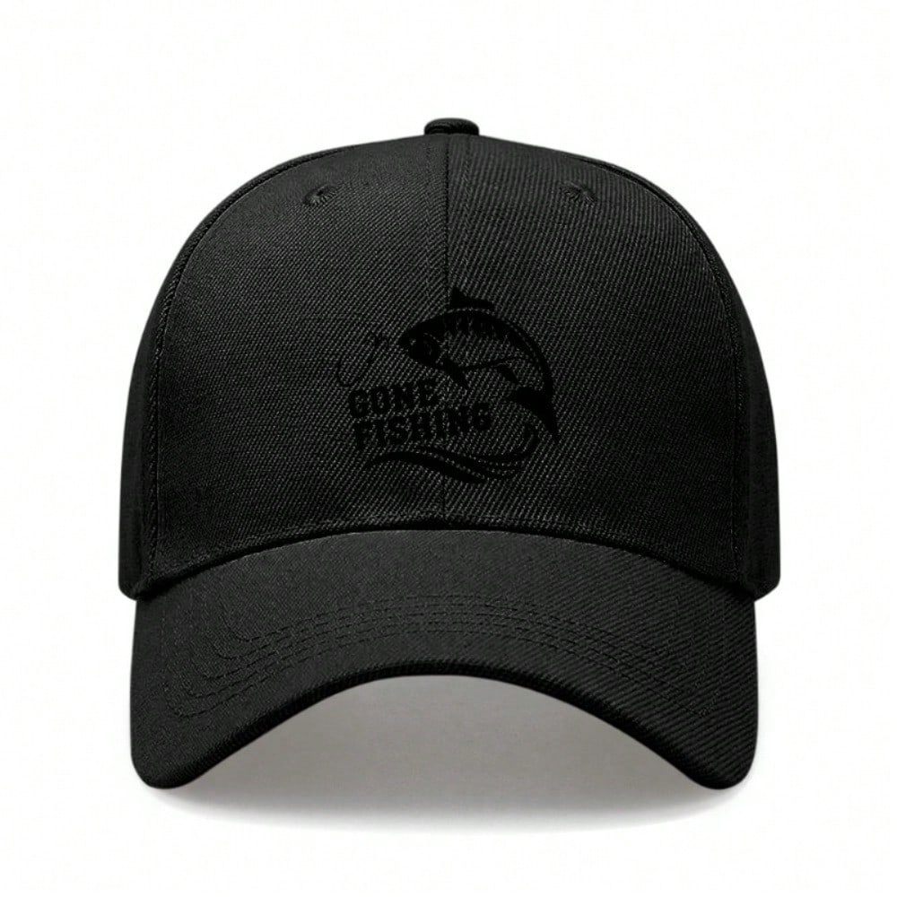 [Outdoor Sports Cap] Military Green Polyester Adjustable Baseball Hat,  Gone Fishing  Print Casual Sun Protection For Fishing Trips чёрный