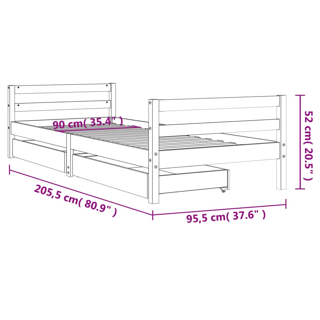 Children s Bed with Drawers Black 90x200 cm Solid Pine Wood