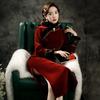 Burgundy mother velvet national style new Chinese long-sleeved improved cheongsam winter thickened women's high-end sense retro autumn and winter