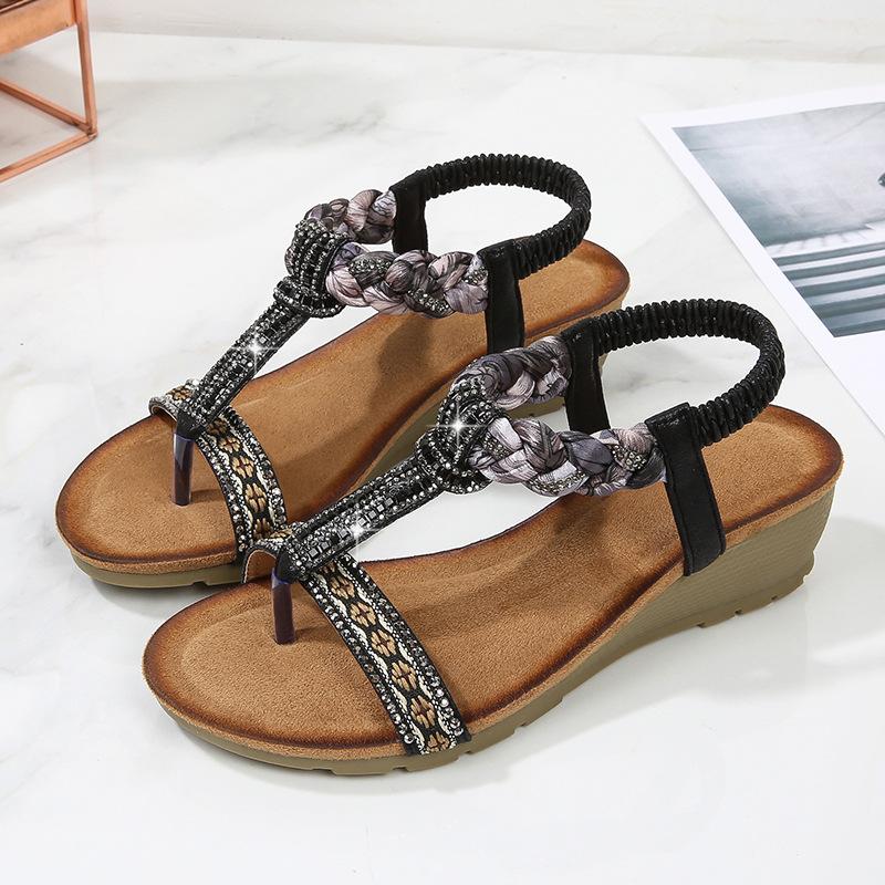Sandalen Damen Retro Ethno Bohemian Keilabsatz Strass Sandalen Lässige Bequeme Damenschuhe