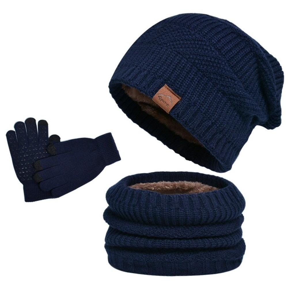 3pcs Warm Hat Scarf Gloves Set Solid Color Winter Beanie Hat Hiking Thermal Knit Cap  Cold Weather