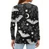 Women's Long Sleeve V-Neck T-Shirt with Button and Halloween Print Casual Top