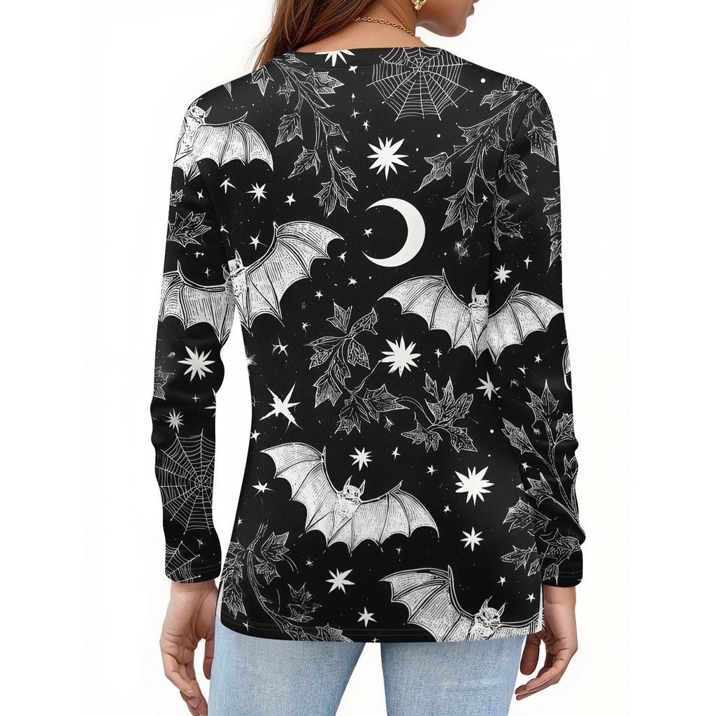 Women's Long Sleeve V-Neck T-Shirt with Button and Halloween Print Casual Top
