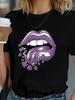Stylized Purple Lips Disintegration Women's Comfit T-shirt Harajuku Short Sleeve Casual Clothing Street Tees Aesthetic Clothes