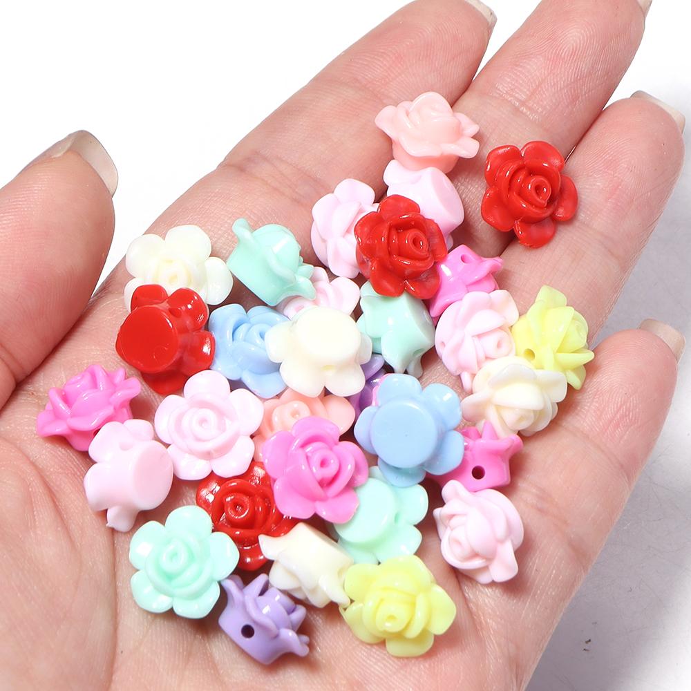 100pcs/lot Colorful Rose Flower Acrylic Beads Flat Back Loose Spacer Beads For Jewelry Making DIY Handmade Bracelet Accessories