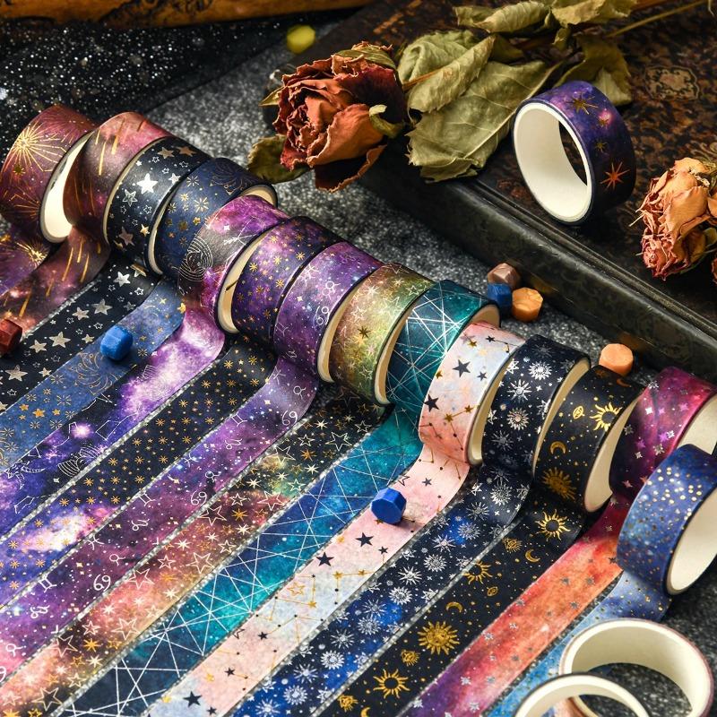 12 Rolls of Starry Sky Bronzing Pattern Washi Tape, Constellation Pattern Tape and Gift Wrapping Decoration, Gifts for Friends