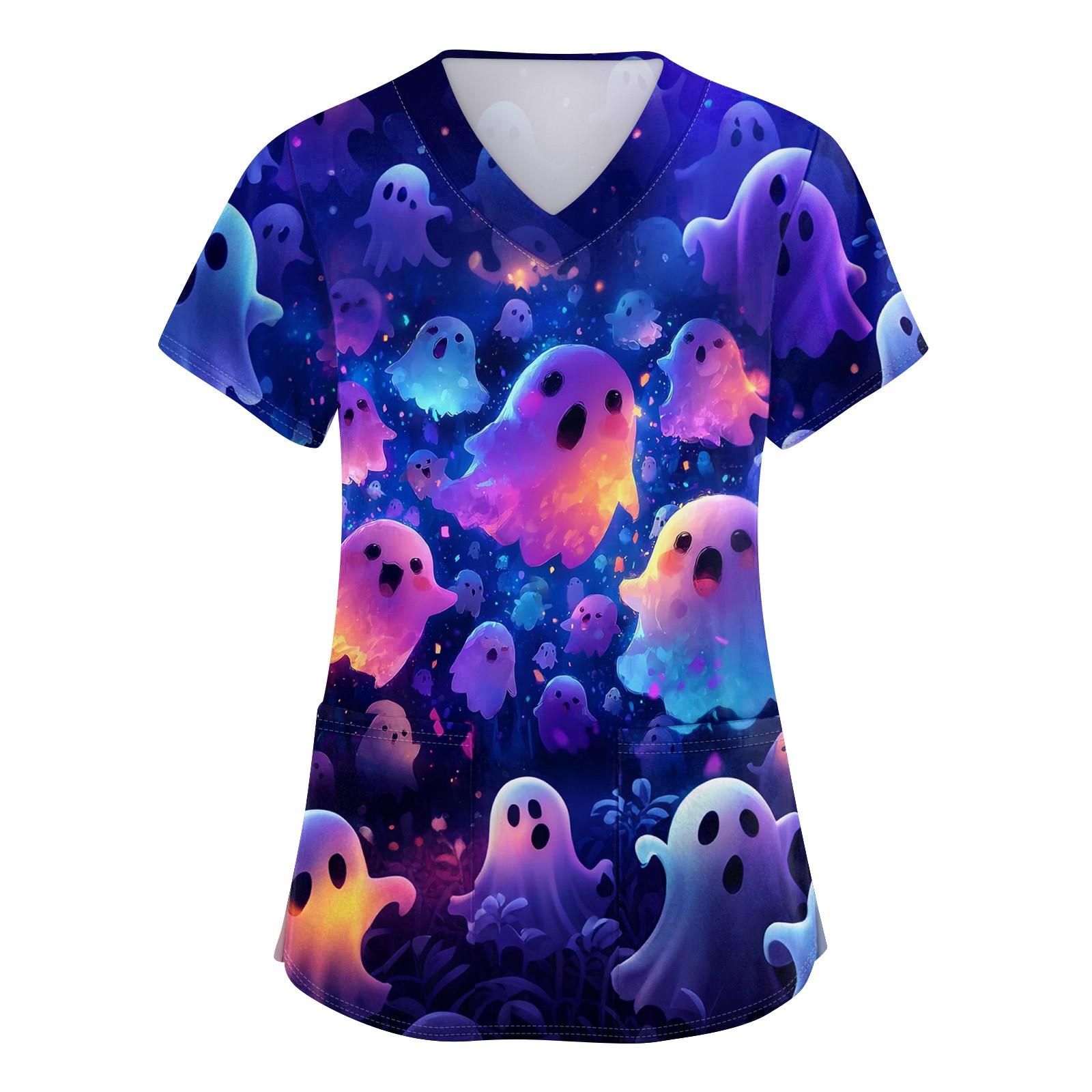 

Women s V-neck Halloween Printed Short-sleeved Pocket Side-slit Protective Suit Top XXL рожевий