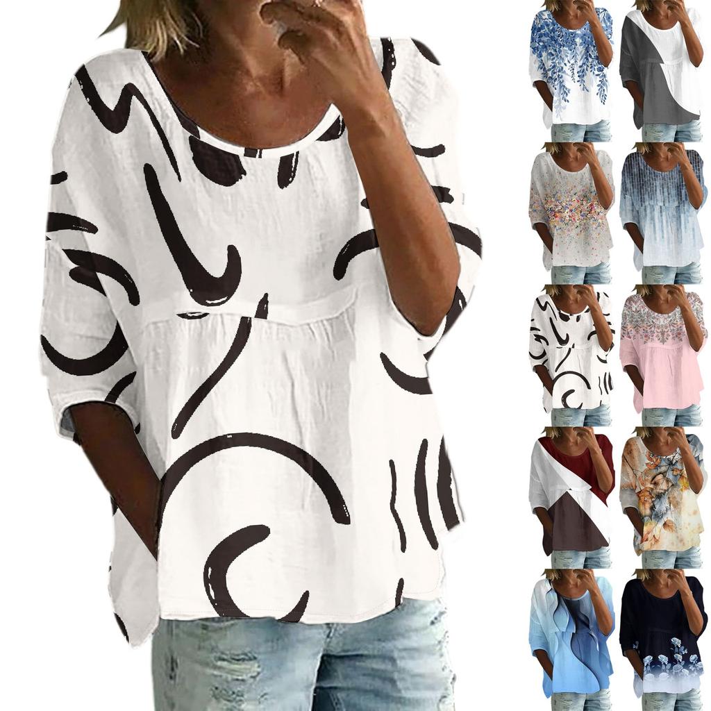 Linen Shirts For Women 3/4 Sleeve Button Down O Neck Summer Tops Dressy Casual Cute Shirts