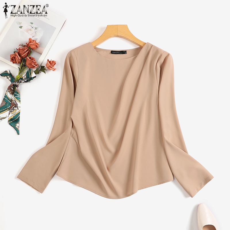 

ZANZEA Женская повседневная свободная блузка с круглым вырезом и длинными рукавами