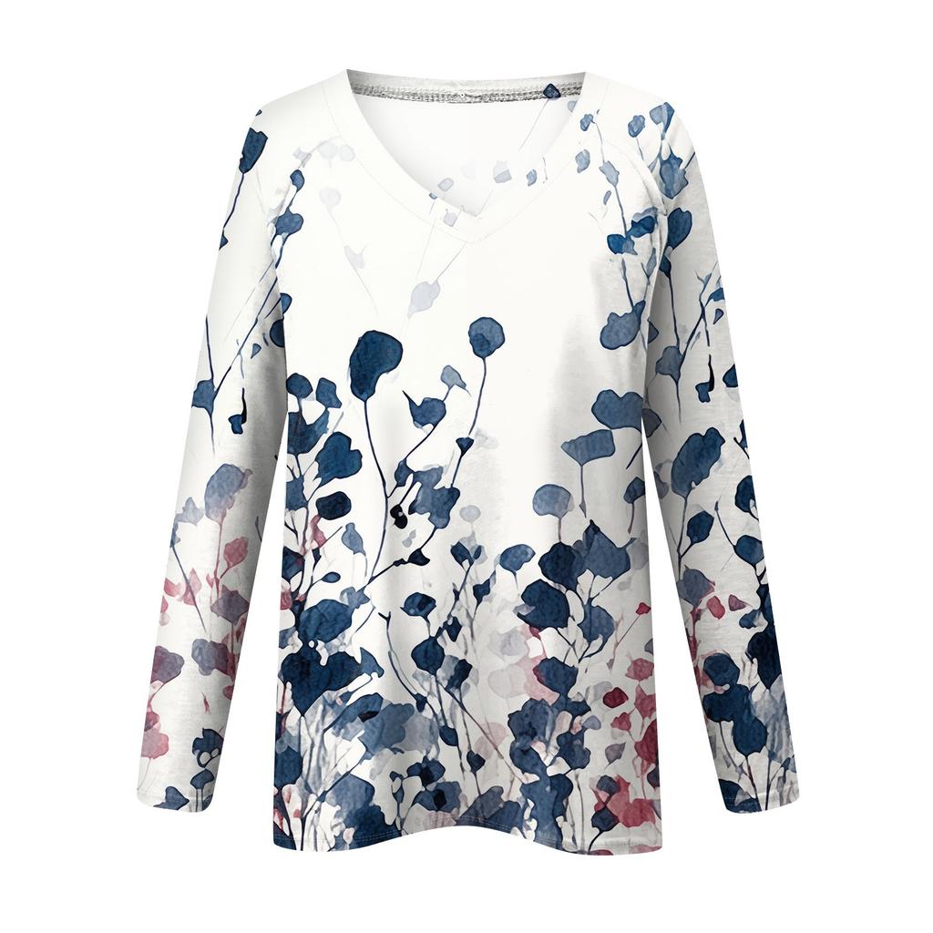 Women's Fashion Loose T-Shirt V-Neck Long Sleeve Vintage Floral Print Casual Top