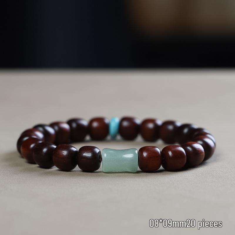 Red Sandalwood and Hetian Jade Beaded Bracelet for Men and Women - Buddhist Prayer Beads with Barrel and Bamboo Section Design.